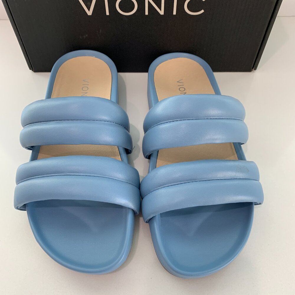 Vionic Mayla Slip On Sandals Double Puffy Strap Slides Blue Shadow Size 7 NEW - Picture 5 of 6